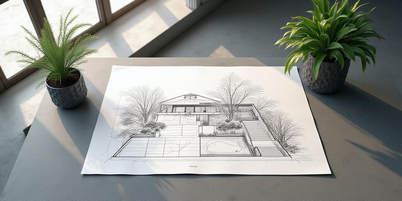 Art Deco garden drawing on a desk