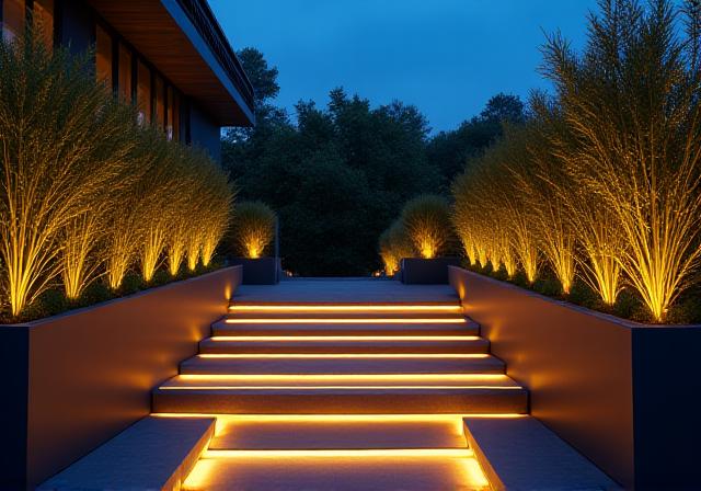 夜間照明が映えるテラスのデザイン
